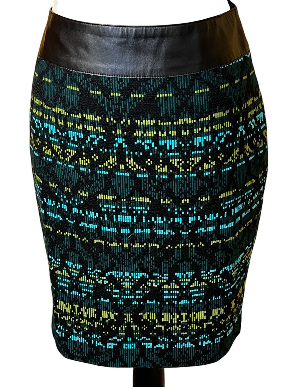 Akris Punto Black Skirt with Teal & Lime Woven Pattern Sz-8